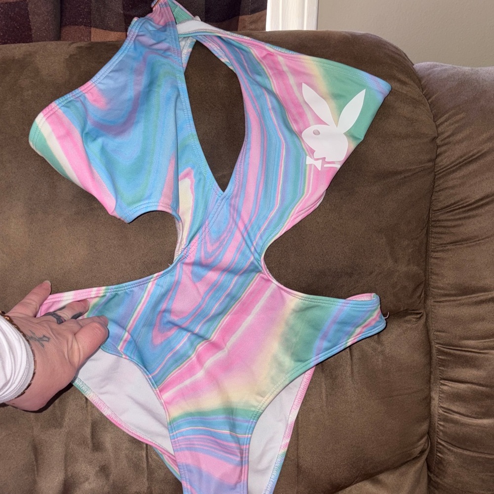 PLAYBOY Pastel Marble Cutout One-Piece Swimsuit - Pink, Blue, Green